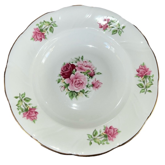CERAMIC BOWL MARIA PATTERN FORMALITIES BY BAUM BROS ROSES & LEAVES, GOLD TRIM - Picture 1 of 12